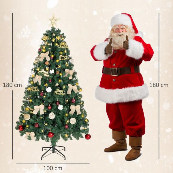 Árvore de Natal de 180 cm com Decorações 200 Luzes LED Branco Quente 8 Modos de Iluminação e 650 Ramos Verde