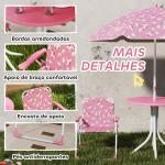 Conjunto Infantil de Mesa e Cadeiras de Jardim de 4 Peças Cadeiras Dobráveis Chapéu de Sol Desmontável Design Unicórnios Rosa