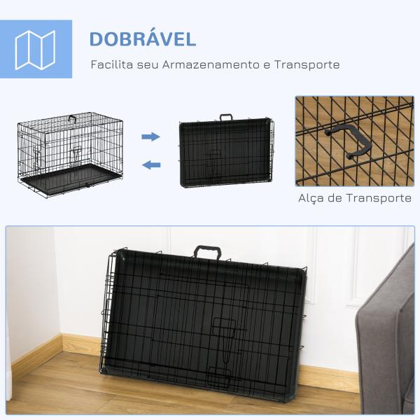 Gaiola para Cães com 2 Portas Gaiola para Animais de Estimação de Arame Dobrável com Alça de Transporte Aço 76x46x52cm Preto