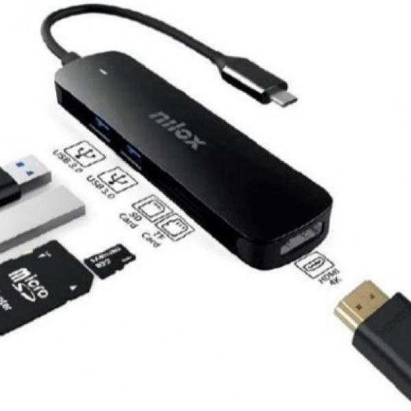 HUB USB - C 5 - EM - 1 (HDMI / 2x USB 3.0 / Leitor Cartões SD / Leitor Cartões TF) - NILOX