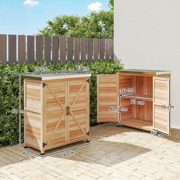 Armário de Exterior em Madeira com Tampo de Aço Galvanizado Prateleira 2 Portas para Armazenamento de Ferramentas 79x43x92 cm Madeira