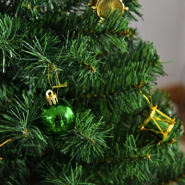 Árvore de Natal Artificial 150cm Ignífugo com 420 Ramos 48 Decorações Folhas de PVC e Suporte Metálico Verde