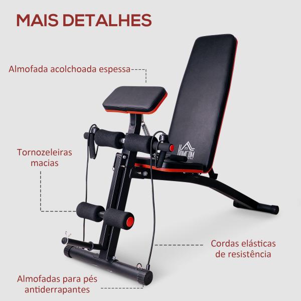 Banco de Musculação com Encosto Ajustável em 7 Posições Extensão de Pernas Apoio para Bíceps e Banda de Resistência para Treino Completo em Casa 54x160x106cm Preto e Vermelho