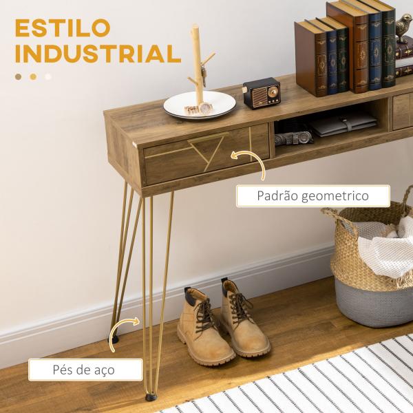 Consola Móvel de Entrada com 2 Gavetas Prateleira Aberta e Pés de Aço Estilo Moderno 120x29x79cm Madeira e Bronze