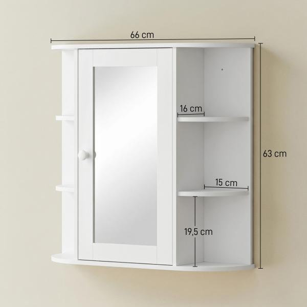 Armário de Casa de Banho com Espelho, Armário de Parede com Porta, Prateleiras Abertas, Móvel Suspenso para Cozinha, Sala, 66x17x63 cm, Branco