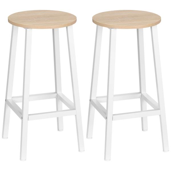 Conjunto de 2 Bancos Altos de Cozinha Bancos de Bar com Pés de Aço e Apoio para os Pés 32,5x32,5x65cm Madeira e Branco