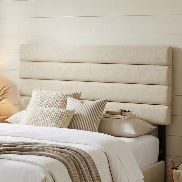 Cabeceira de Cama 140 cm Altura Ajustável em 3 Níveis 106/116/126 cm Estofada em Linho Bege