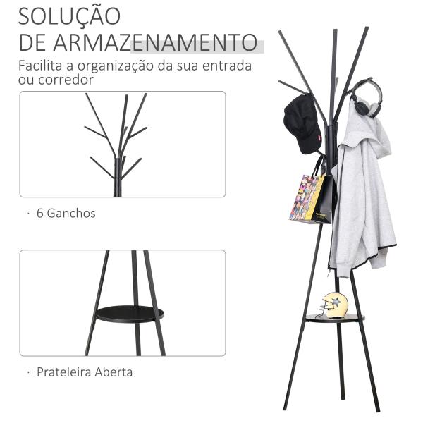 Cabide de Pé Metálico para Pendurar Roupa Bolsas com 9 Ganchos e Prateleira Cabide de Pé Moderno 45x45x180 cm Preto