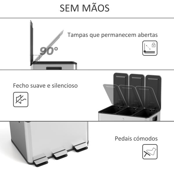 Balde de Lixo de Cozinha com 3 Compartimentos 3x10L com Pedais Tampas com Fechamento Suave e Cubo Amovível 49,6x34,5x38,6 cm Prata