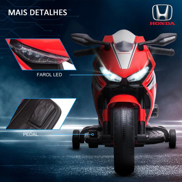 Mota Elétrica com Licença HONDA para Crianças de 3 - 5 Anos Mota a Bateria 6V com Farol Buzina Música 90x44x52cm Vermelho