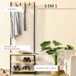 Móvel Cabide de Entrada de Metal com 3 Prateleiras e 4 Ganchos 60x40x175 cm Preto e Madeira