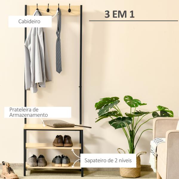 Móvel Cabide de Entrada de Metal com 3 Prateleiras e 4 Ganchos 60x40x175 cm Preto e Madeira
