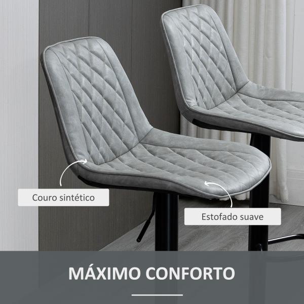 Conjunto de Bancos de Bar Estofados em PU Bancos Altos de Sala de Jantar com Altura Ajustável 46,5x51x86 - 106 cm Cinzento