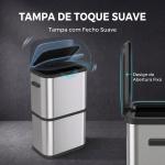 Caixote do Lixo 60 L em Aço Inoxidável, Estreito, com Suporte para Sacos, Tampa de Fecho Suave e Abertura por Toque, Prateado