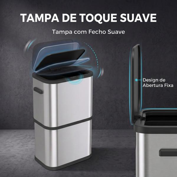 Caixote do Lixo 60 L em Aço Inoxidável, Estreito, com Suporte para Sacos, Tampa de Fecho Suave e Abertura por Toque, Prateado