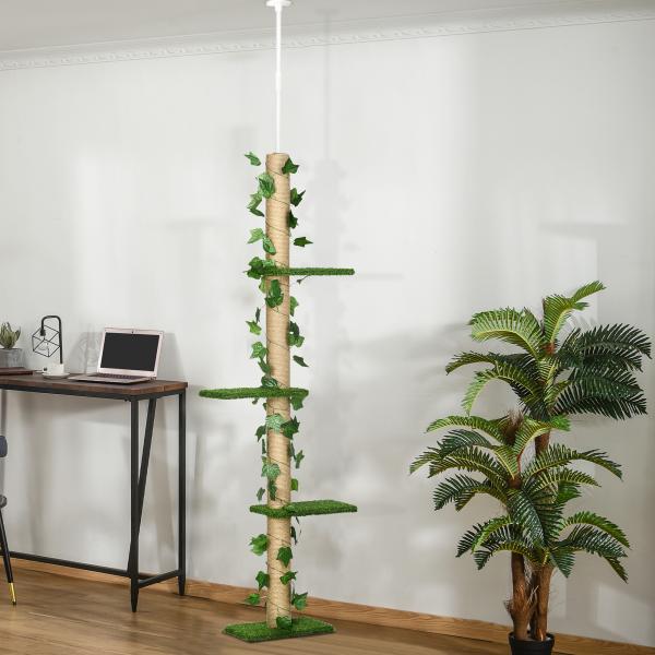 Árvore para Gatos do Chão ao Teto 37x21x202 - 242 cm com 4 Plataformas de Relva Artificial Folhas Artificiais e Poste de Juta Verde