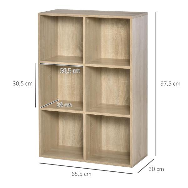 Estante para Livros Estante de Madeira de 3 Níveis com 6 Compartimentos de Armazenamento65,5x30x97,5cm Carvalho