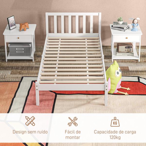 Estrutura de Cama de Madeira Estrado de Cama de Solteiro para Colchão 190x90 cm Carga 120 kg 198x96x70 cm Branco