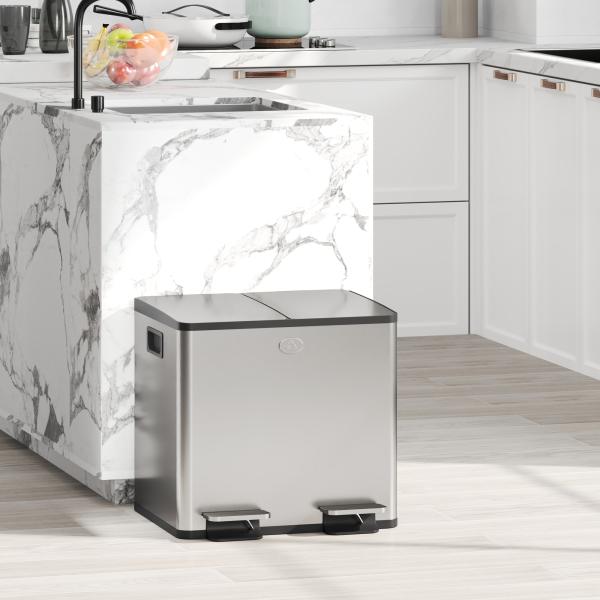 Balde de Lixo de Cozinha com 2 Compartimentos 2x15L Pedal Tampa de Fechamento Suave e Cubo Amovível Prata