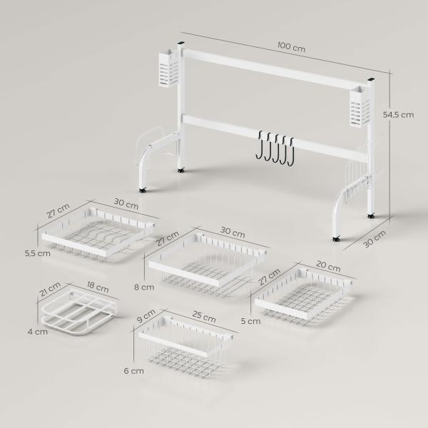 Escorredor de Louça de Aço de 2 Níveis com Prateleira para Pratos Suporte para Facas e Talheres 100x30x54,5 cm Branco