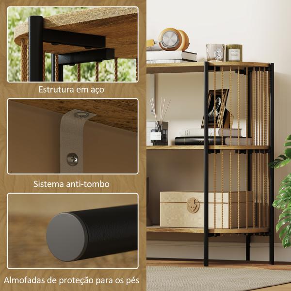 Mesa Consola com Corda de Papel Trançada à Mão Consola de Entrada de 3 Níveis com Estrutura de Aço Estilo Boémio 124x43,5x80 cm Madeira