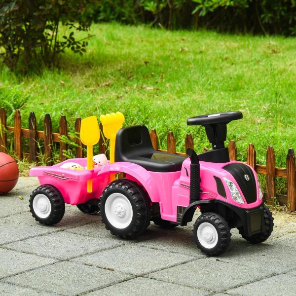 Trator para Crianças de 12 - 36 Meses com Reboque Removível Carro Andador com Buzina Farol Pá e Ancinho Carga 25kg 91x29x44cm Rosa