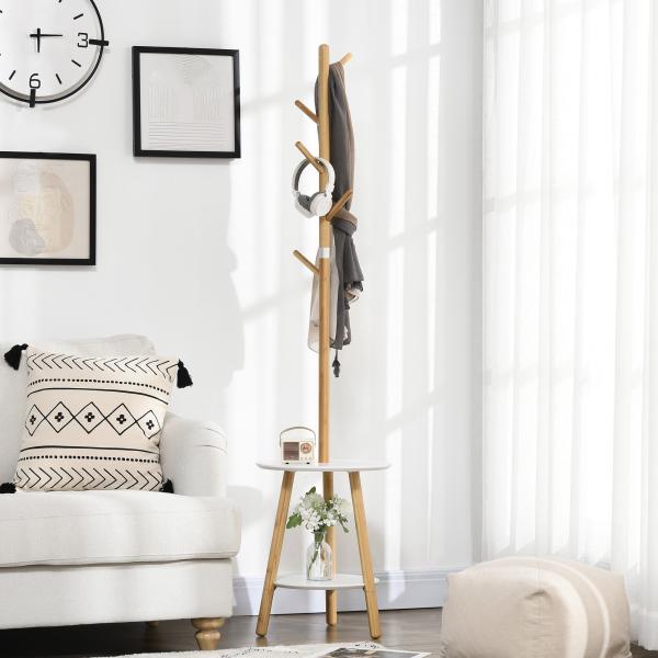 Cabide de Pé de Bambu 2 em 1 com 2 Prateleiras 5 Ganchos e Estrutura de Alumínio 39x5x39,5x71cm Madeira e Branco
