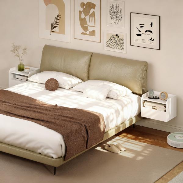 Conjunto de 2 Mesas de Cabeceira Flutuantes com Estação de Carregamento Gaveta Prateleira Aberta Estilo Moderno 40x29x29 cm Branco