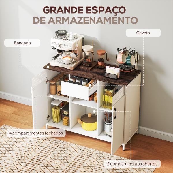 Aparador de 2 Portas com Orifícios 2 Compartimentos e Gaveta Prateleiras Ajustáveis 100x40x80 cm Branco e Castanho Rústico