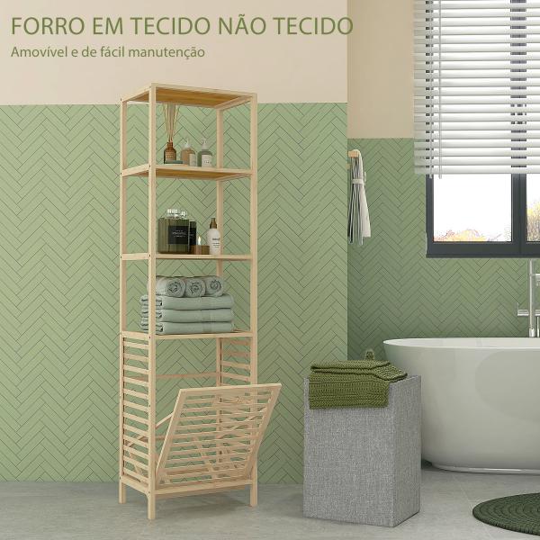 Estante de Casa de Banho em Bambu com 3 Prateleiras e 1 Cesto para Roupa Suja Removível 44x33x160 cm Natural
