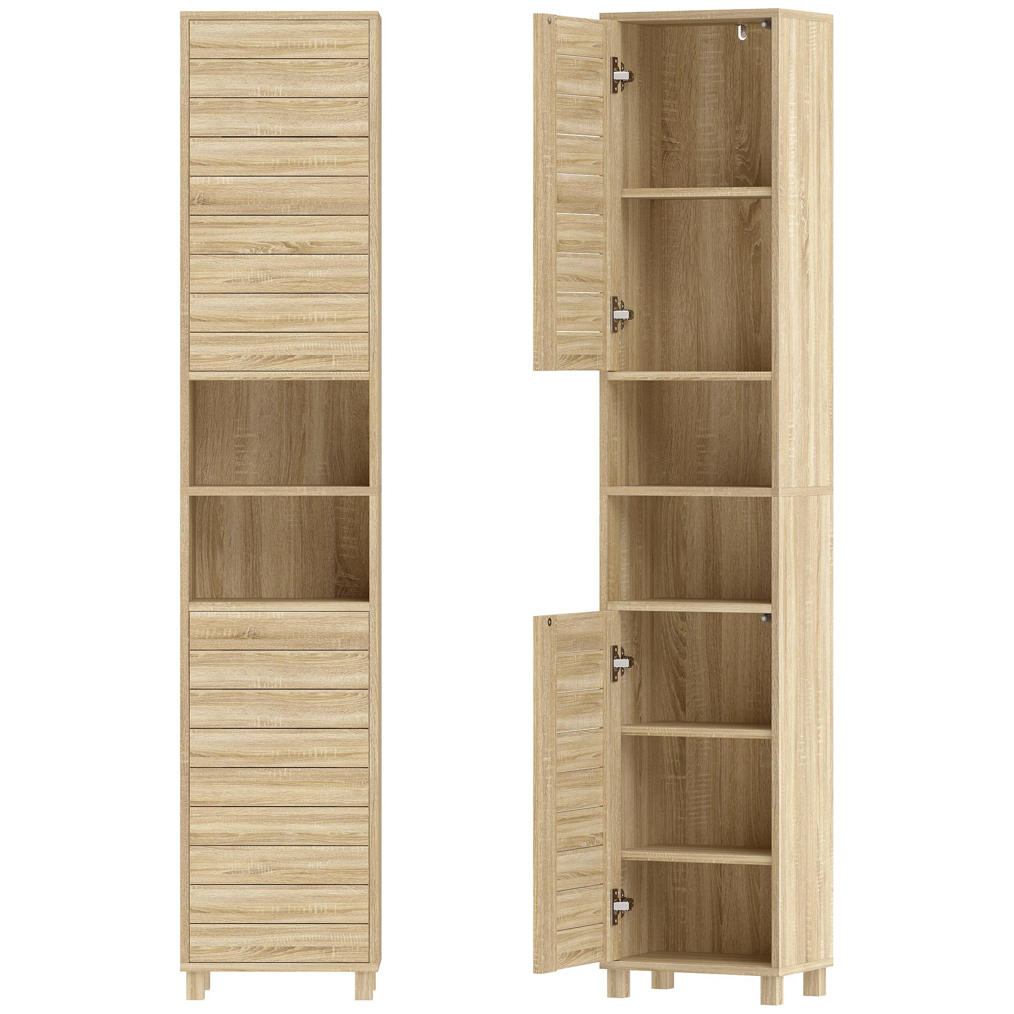 Coluna Casa de Banho Armário Alto de Casa de Banho com Prateleiras Ajustáveis Portas de Ripas Abertura por Pressão 34x23x170 cm Madeira