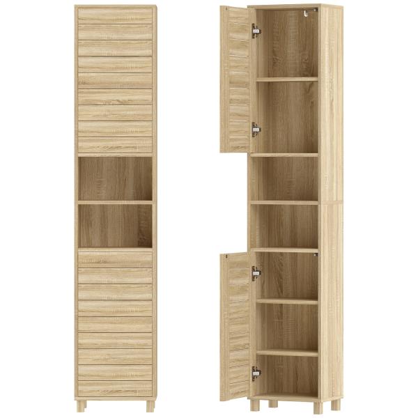 Coluna Casa de Banho Armário Alto de Casa de Banho com Prateleiras Ajustáveis Portas de Ripas Abertura por Pressão 34x23x170 cm Madeira
