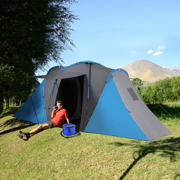 Tenda de Campismo Familiar para 4 - 6 Pessoas com 2 Dormitórios Impermeável 3000 mm com Bolsa 555x225x190 cm Cinza e Azul