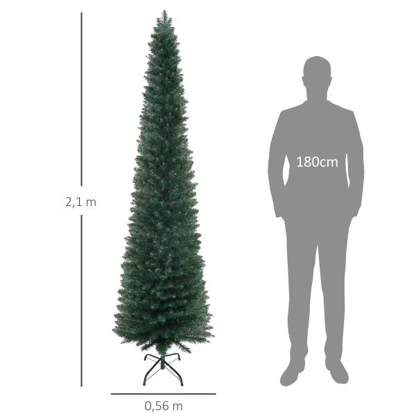 Árvore de Natal Artificial Altura 210cm com 510 Ramos de Folhas de PVC Ignífugos Base Dobrável e Suporte Metálico Verde