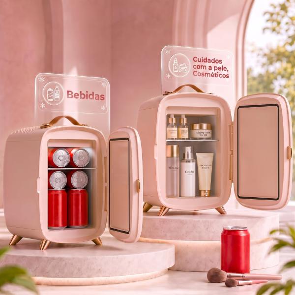 Mini Frigorífico para Cosméticos com 6 L, Porta com Espelho e Luzes LED Ajustáveis, Rosa, 24,3 x 19,4 x 35,6 cm