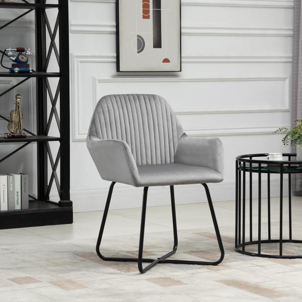 Cadeira de Sala de Jantar Estofada em Veludo com Base Metálica Cruzada Cadeira de Leitura 60x56,5x85 cm Cinza