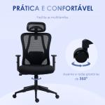 Cadeira de Escritório com Apoio para os Braços 2D Cadeira de Escritório com Altura Ajustável Apoio para a Cabeça Suporte Lombar Alto 67x64x117 - 127cm Preto