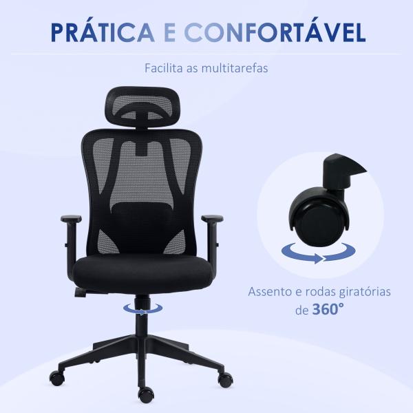 Cadeira de Escritório com Apoio para os Braços 2D Cadeira de Escritório com Altura Ajustável Apoio para a Cabeça Suporte Lombar Alto 67x64x117 - 127cm Preto