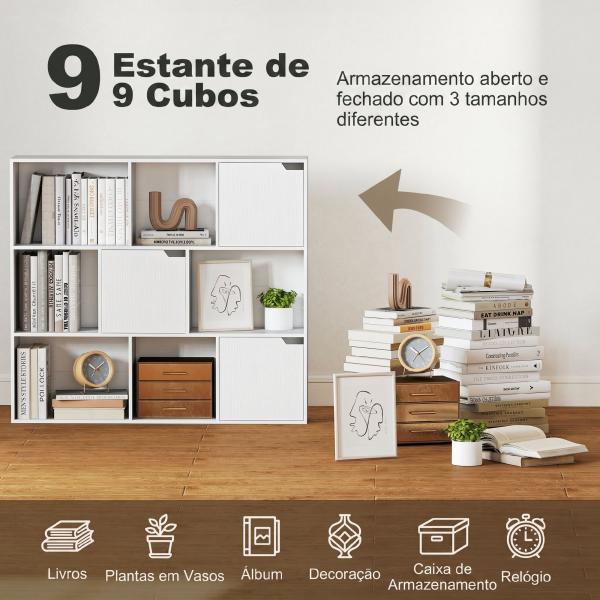 Estante para Livros de 3 Níveis com 9 Cubos, 3 Portas e 6 Compartimentos Abertos, 106x24x95 cm, Branco