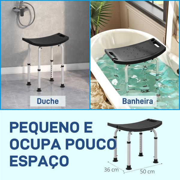 Banco de Duche com Altura Ajustável em 8 Posições com Base de Borracha Antiderrapante 50x36x39,5 - 56,5 cm Preto