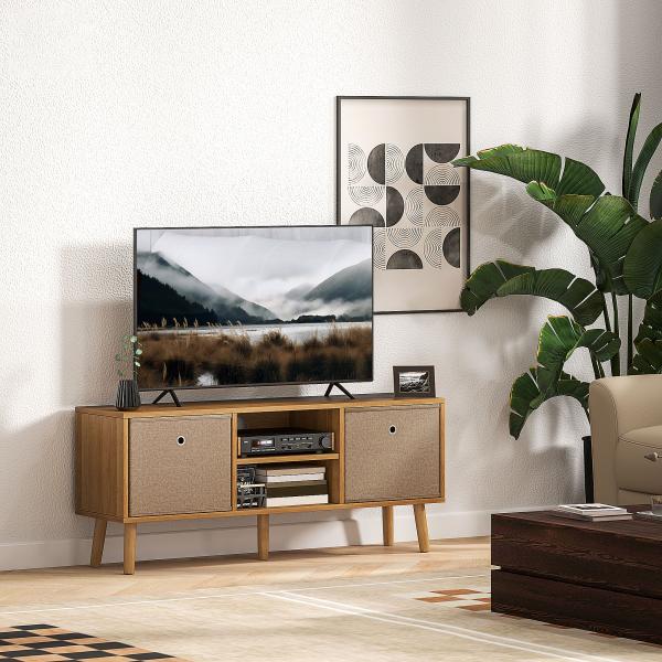 Móvel de TV para Televisores de até 50 Polegadas com 2 Gavetas de Tecido 2 Prateleiras Abertas 110x29x46,5 cm Madeira e Castanho Claro