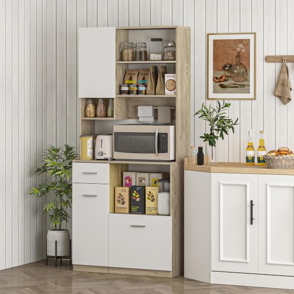 Armário de Cozinha Alto com 3 Portas, 9 Prateleiras, Gaveta e Prateleiras Ajustáveis, Estilo Moderno, 80x35x180 cm, Branco e Carvalho