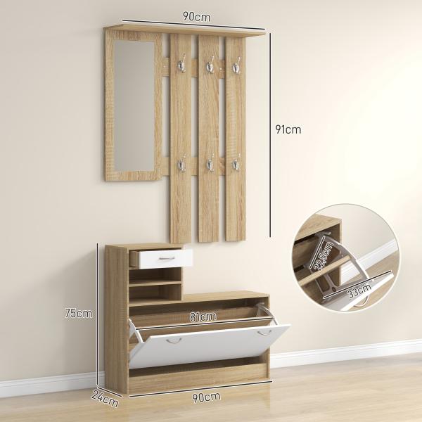 Móvel Cabide de Entrada de 3 Peças Armário de Entrada com Cabide Espelho Sapateira e Gaveta 90x10x102 cm Branco e Madeira