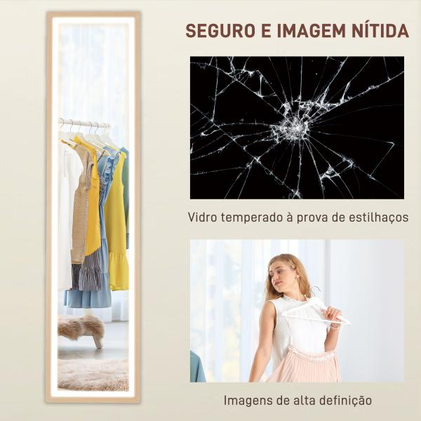 Espelho de Pé com Luz LED 40x160 cm Espelho de Corpo Inteiro com Iluminação de 3 Cores Tátil Função de Memória Madeira