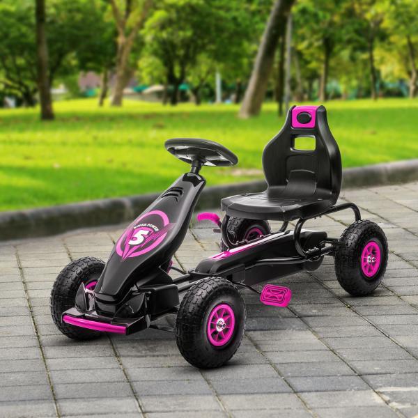 Kart a Pedais para Crianças 5 - 12 Anos com Assento Ajustável Pneus Insufláveis Amortecimento e Travão de Mão 121x58x61 cm Rosa