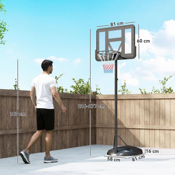 Tabela de Basquetebol com Altura Ajustável 216 - 277 cm Aro de Basquetebol para Exterior com Rodas e Base Recarregável Preto