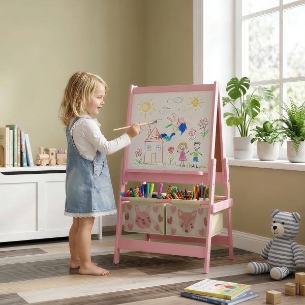 Cavalete para Crianças 3 em 1 Cavalete de Arte com Rolo de Papel Quadro e 2 Cestas de Armazenamento 54x46,5x93 cm Rosa