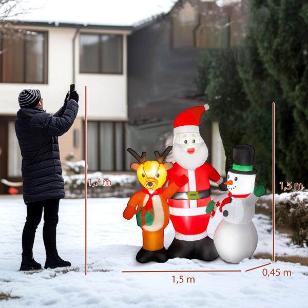 Pai Natal Insuflável com Rena e Boneco de Neve Decoração de Natal Insuflável com Luzes LED 150x45x150 cm Multicor