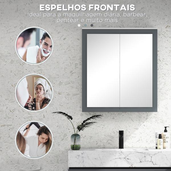 Armário de Casa de Banho com Espelho 2 Portas e Prateleiras Ajustáveis 69x17x75,5 cm Branco e Cinza