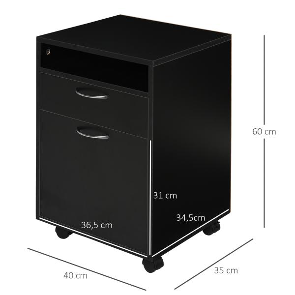 Bloco de Gavetas de Escritório com Armário e Gaveta Móvel Arquivador com Rodas Suporte para Impressora 40x35x60 cm Preto